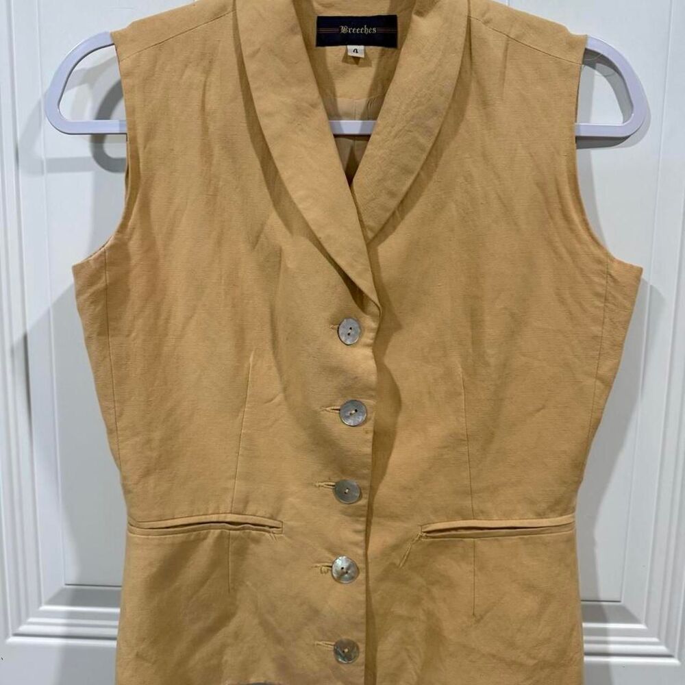 Vintage Breeches Tan Linen Blend Tailored Vest Waistcoat Mother of Pearl Size 4